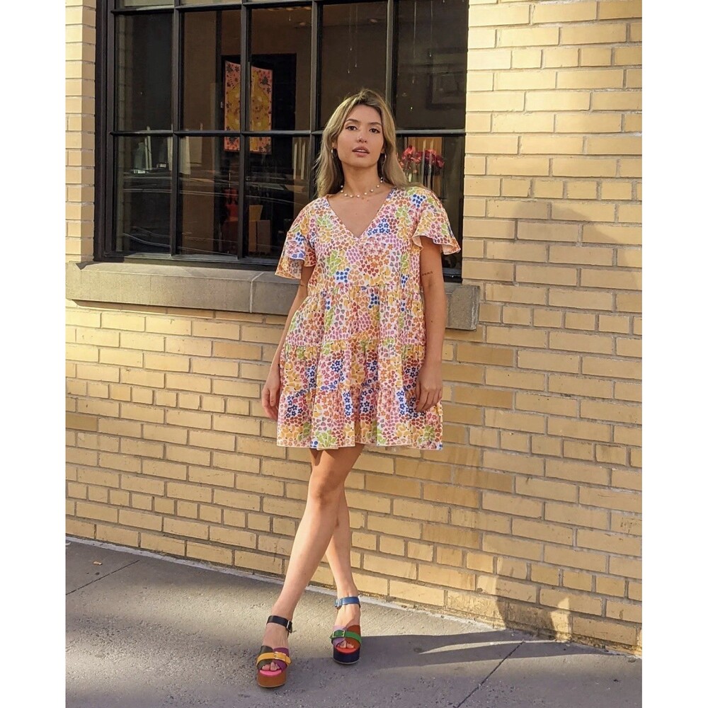 Mixed by Nasrin Multicolor Floral Fruits Tiered Mini Dress V Neck Size XXL